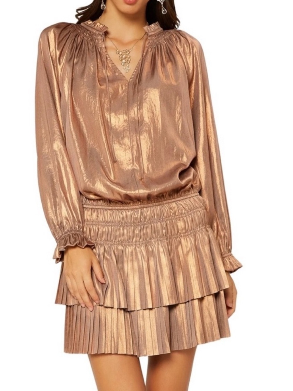 Current Air Aurelie pleated mini dress metallic bronze S